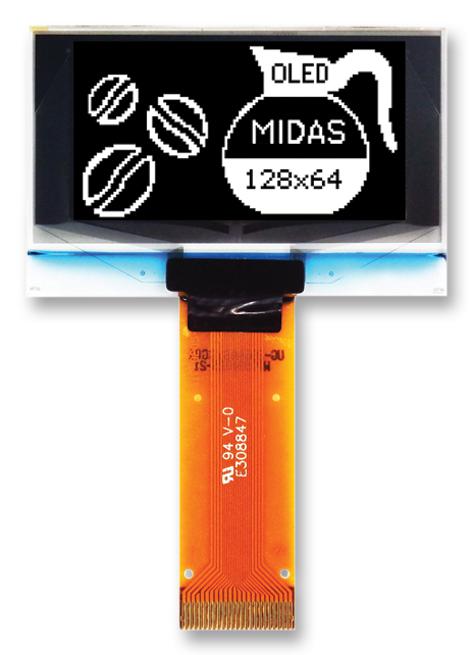 Midas Displays Mcot128064By-Wm Oled, 128X64, Tab, White, Multi I/f