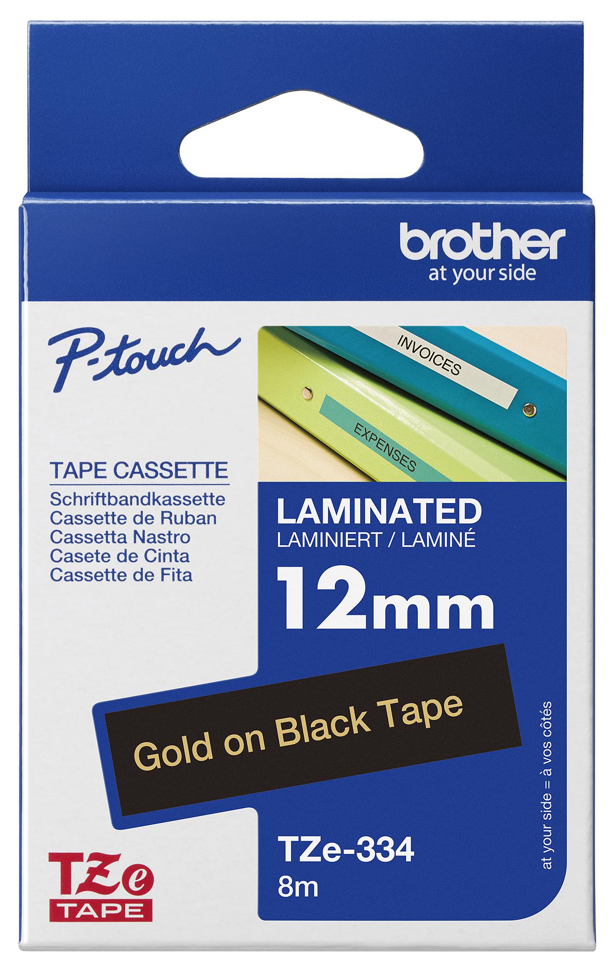 Brother Tze-334 Tape, Gold On Black, 12Mm W, 8M L